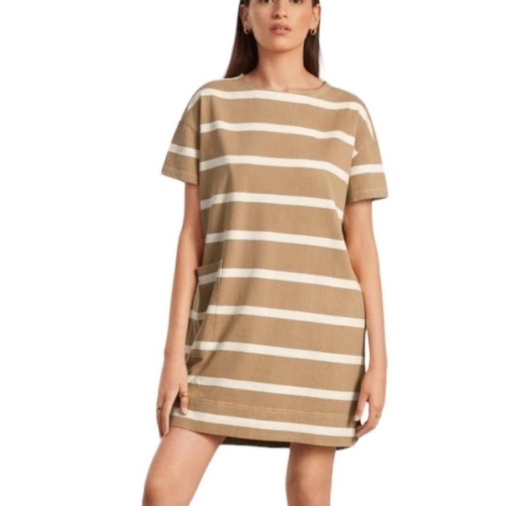 Everlane Mariner Stripe camel Breton shirtdress tshirt dress mini M NWT cotton
